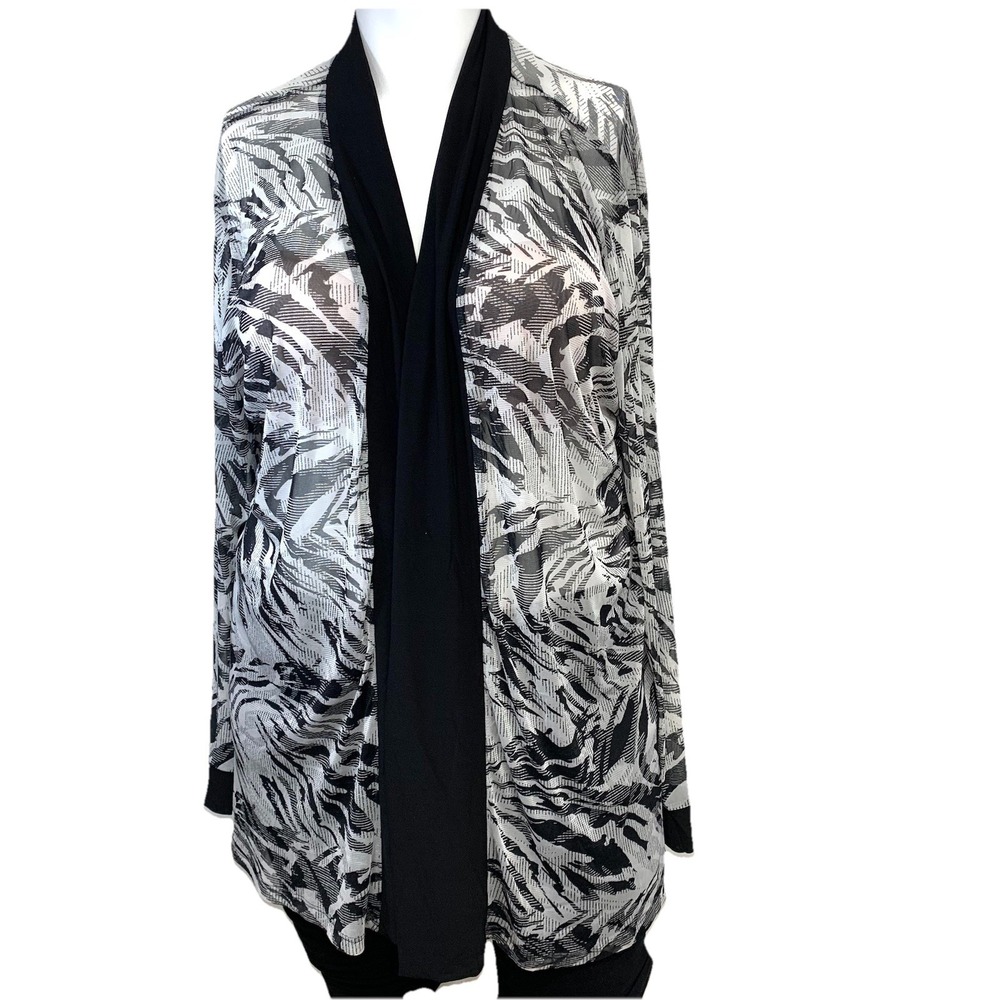 NY Collection Open Semi Sheer Cardigan Woman 3X Black White Print‎ Layer Stretch